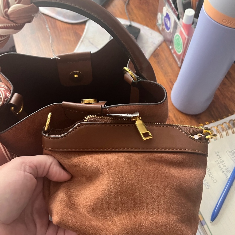 Tan Suede Mini Bucket Bag with Scarf-Wrapped Handle - Picture 4 of 7